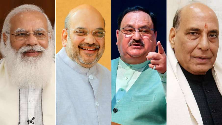 bjp leaders (left to right) narendra modi, amit shah, jp nadda, rajnath singh